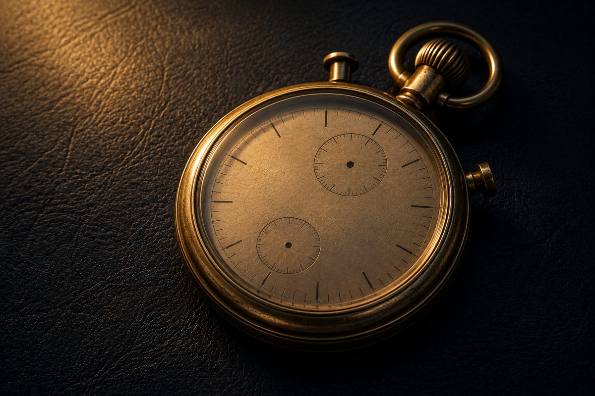 A brass stopwatch on a dark leather surface
