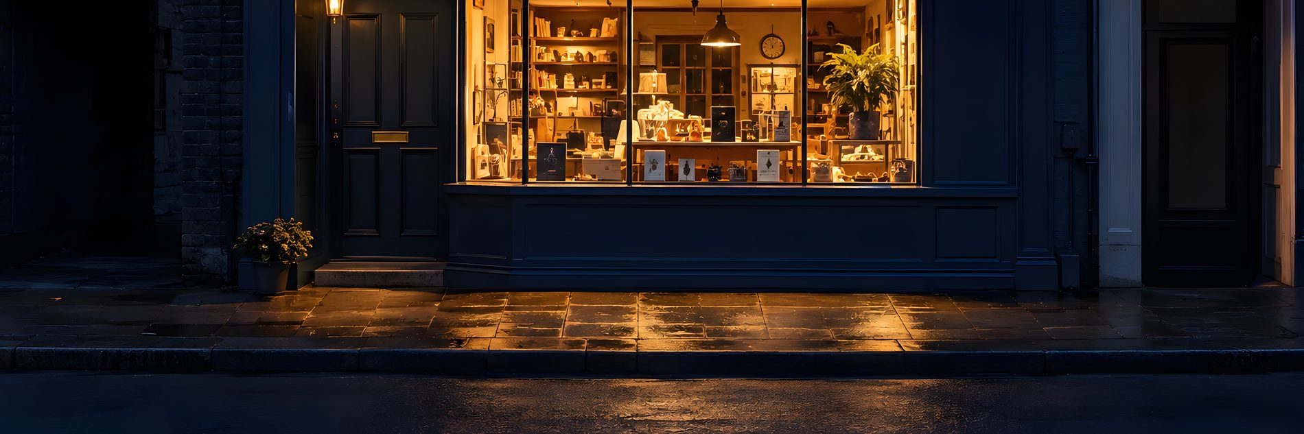 A lit shop window at night on a quiet street