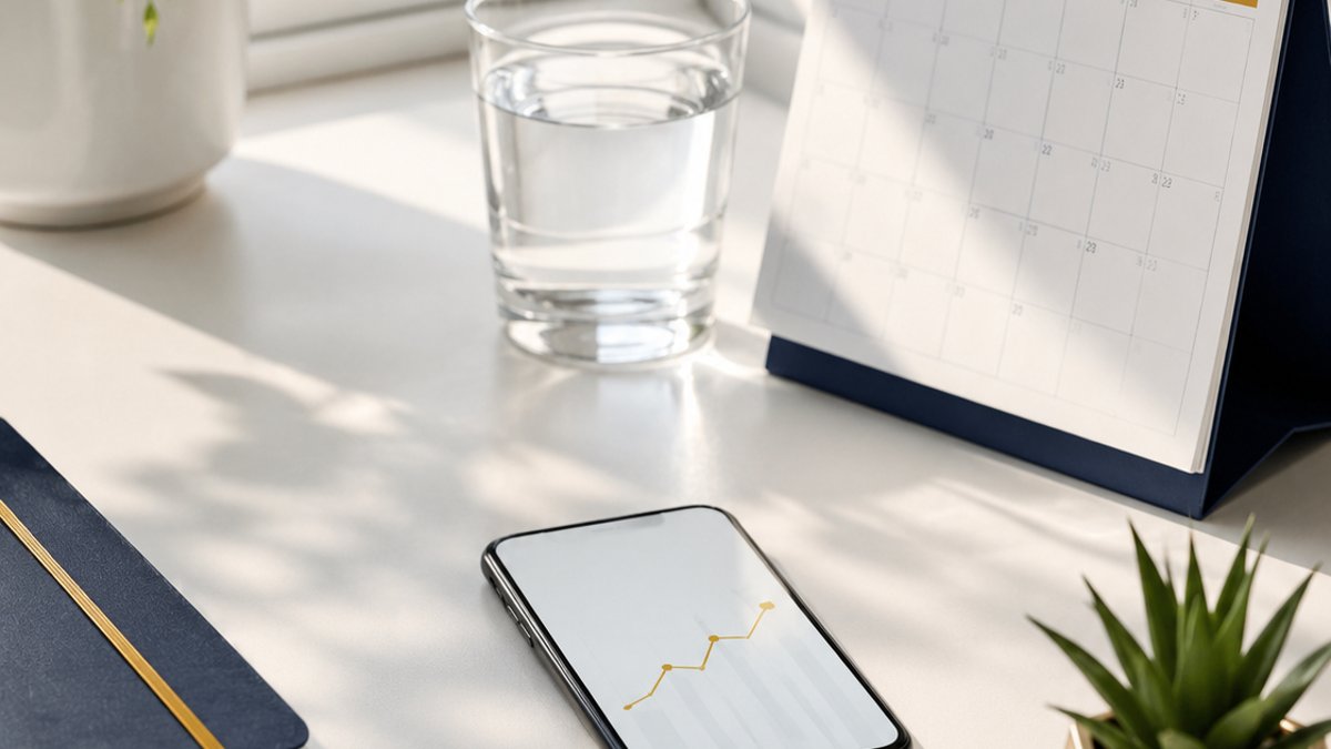 A bright, modern desk in daylight with navy and gold accents, no people
