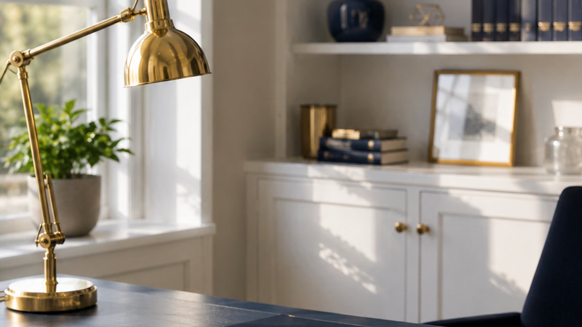 A bright, modern desk in daylight with navy and gold accents, no people