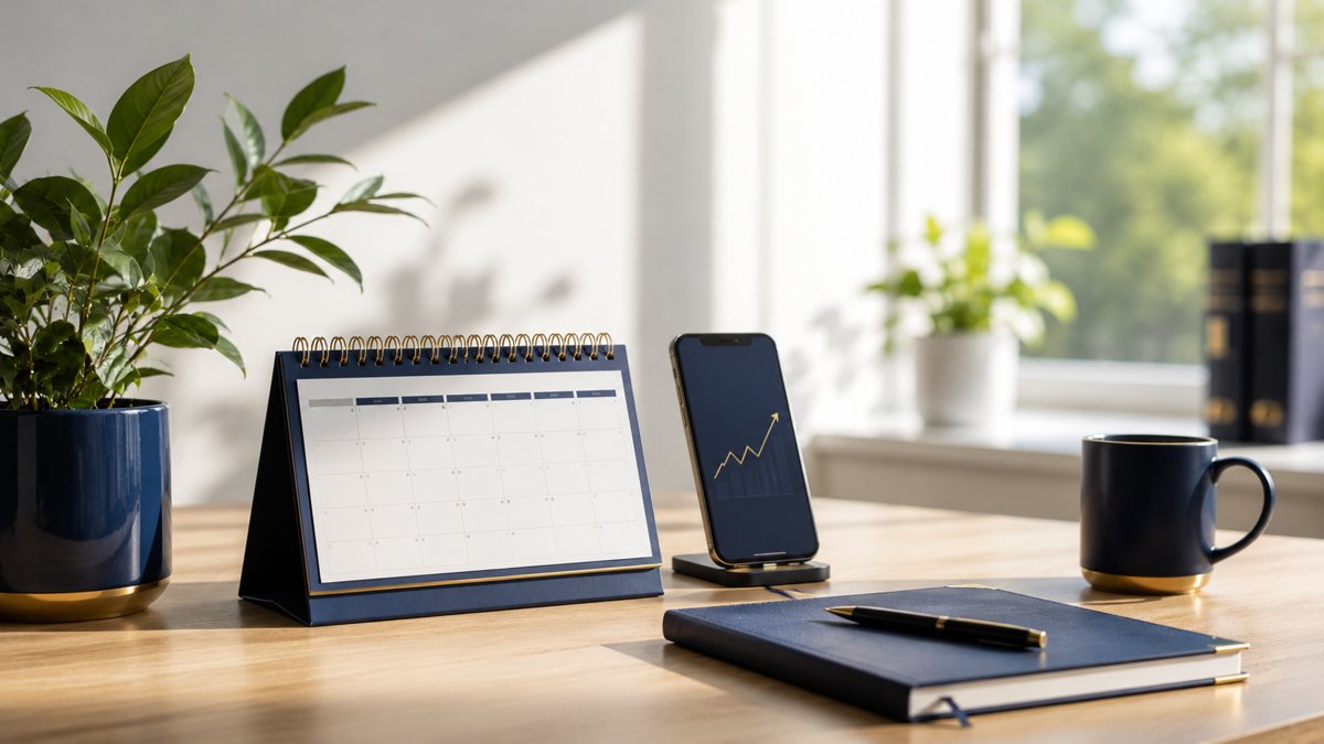 A bright, modern desk in daylight with navy and gold accents, no people