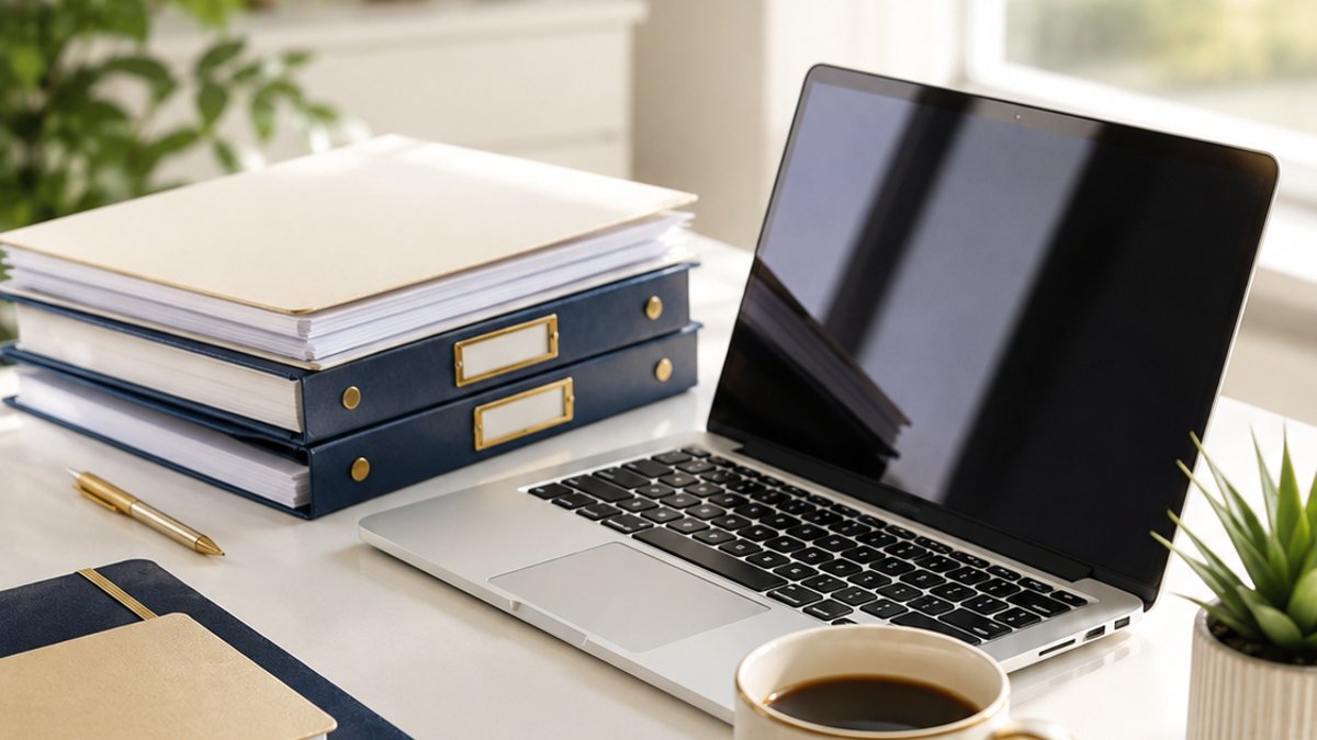 A bright, modern desk in daylight with navy and gold accents, no people