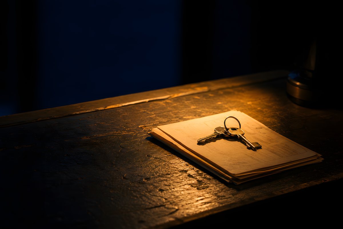A set of keys resting on a document, lit by a single desk lamp