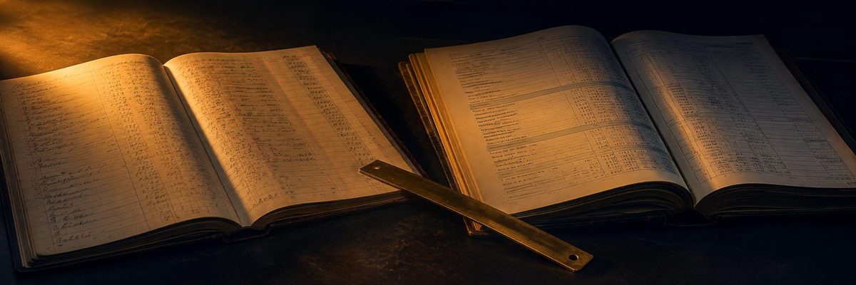 Two open ledgers side by side on a solicitor's desk