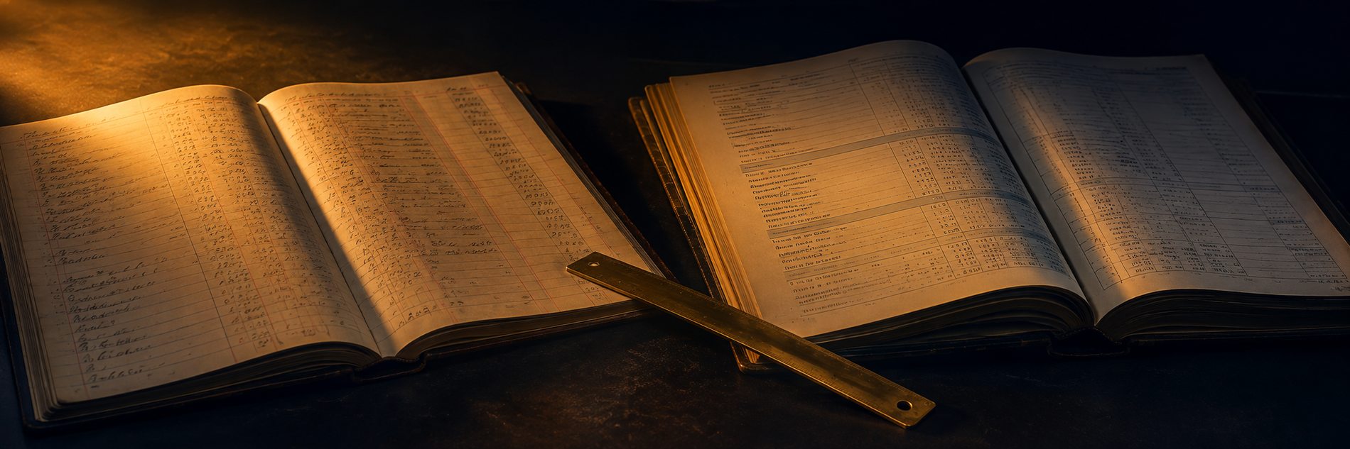 Two open ledgers side by side on a dark desk with a brass ruler across the join