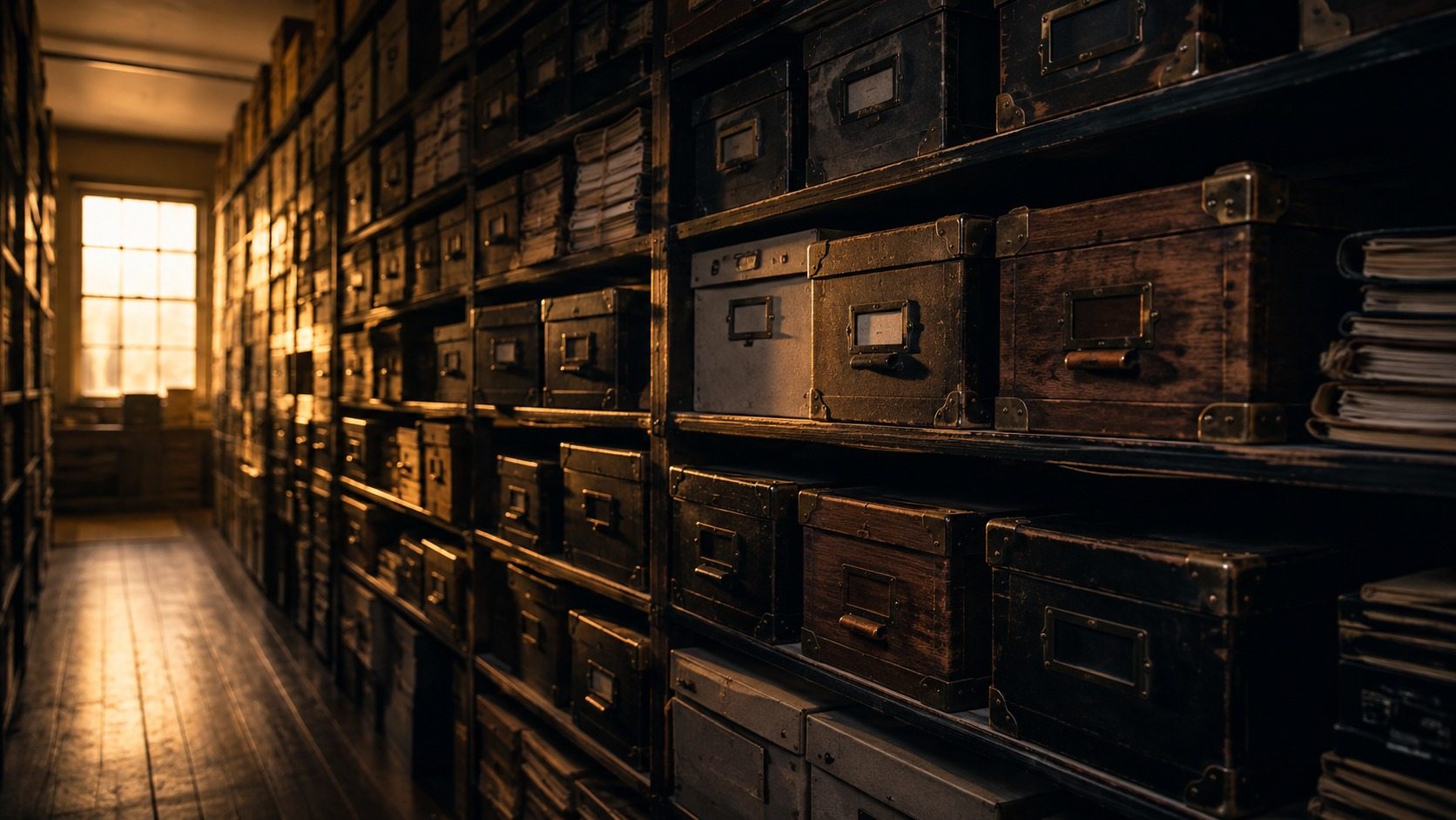 Rows of deed boxes and archive files filling an office corridor