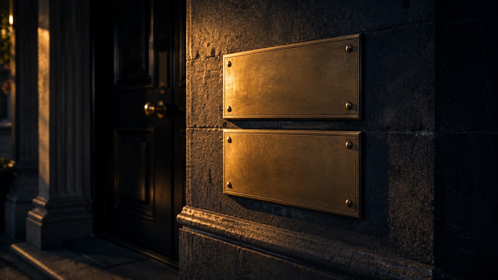 Two blank brass nameplates beside the door of a professional office