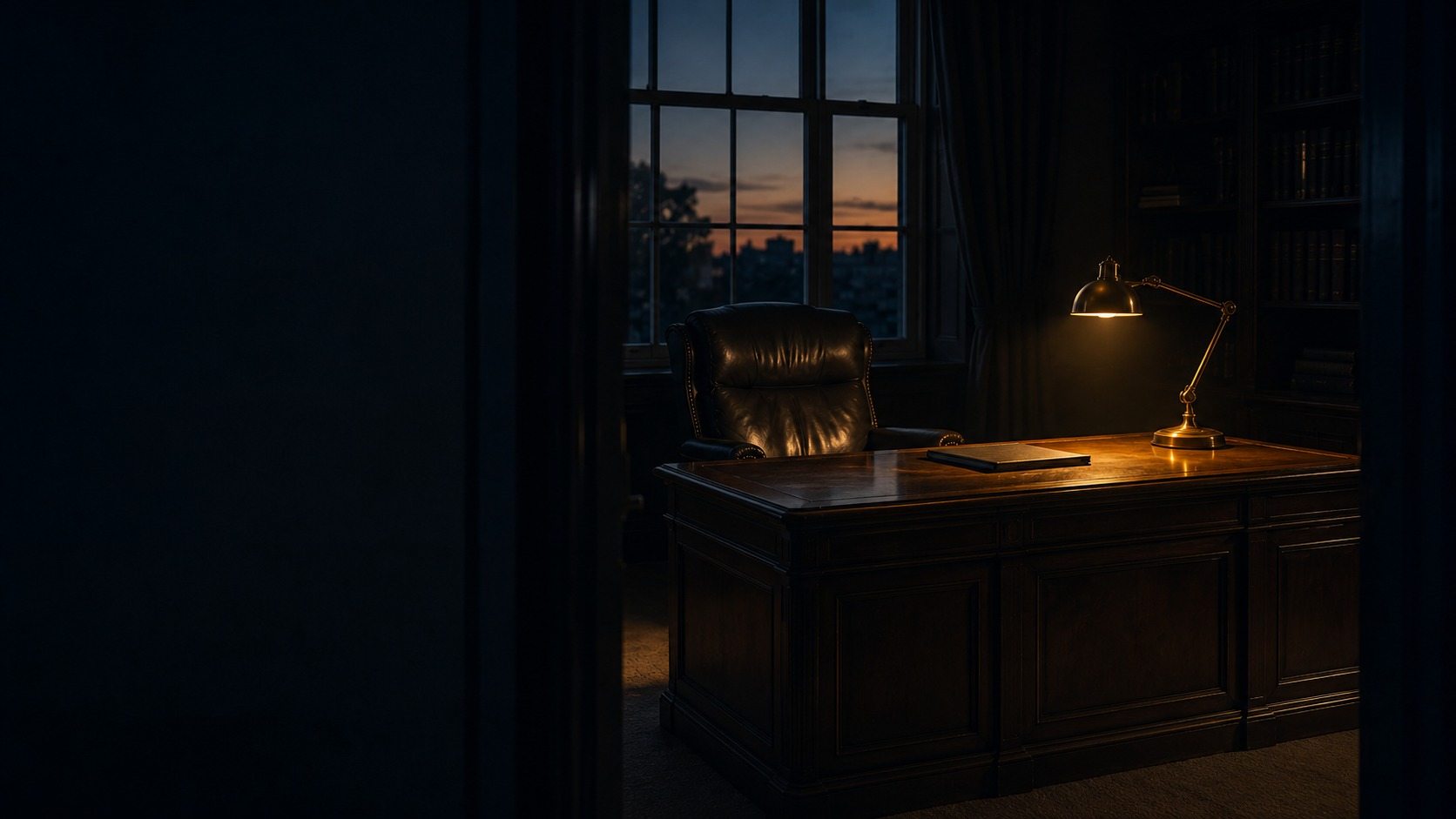 An empty office at dusk, chair pushed in behind a clear desk