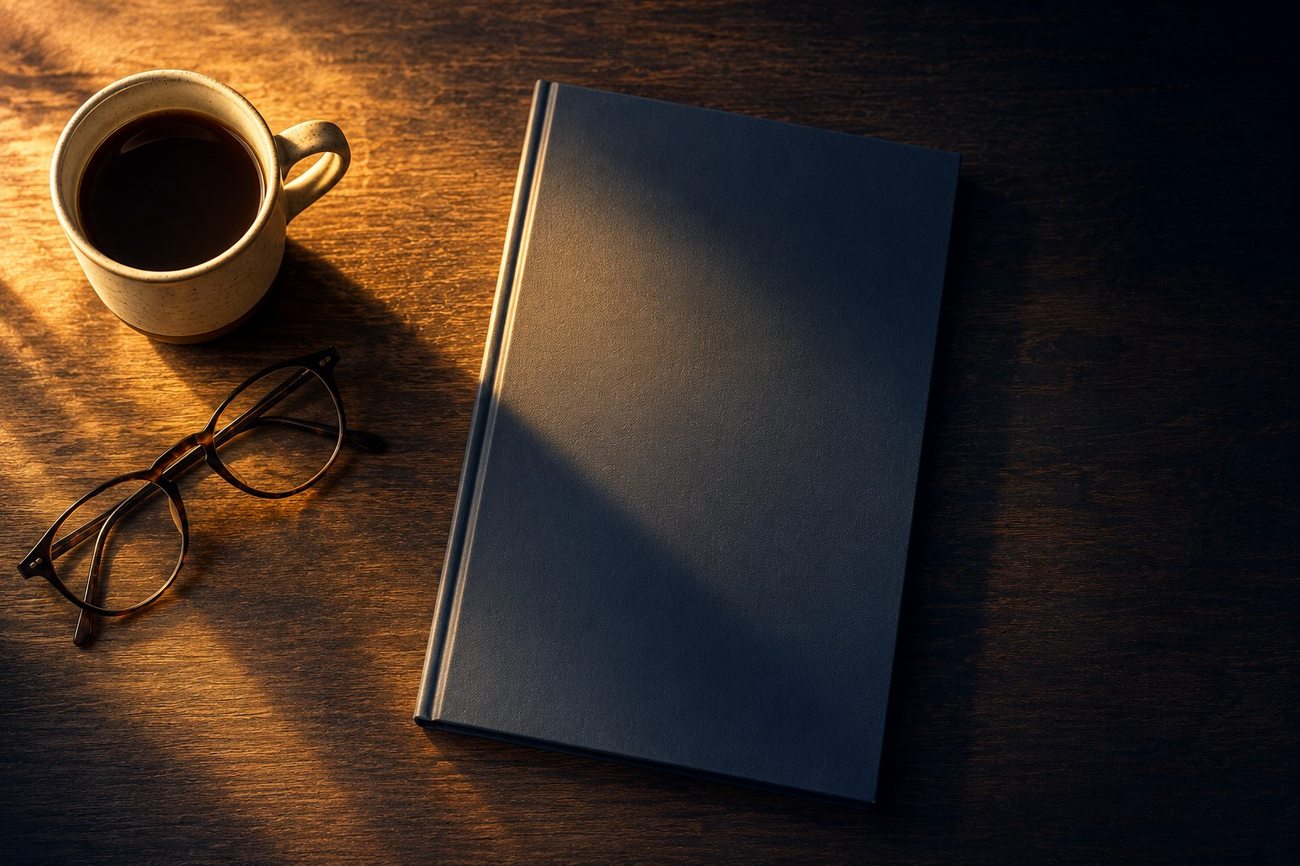 A bound report on a desk beside a coffee and reading glasses in morning light