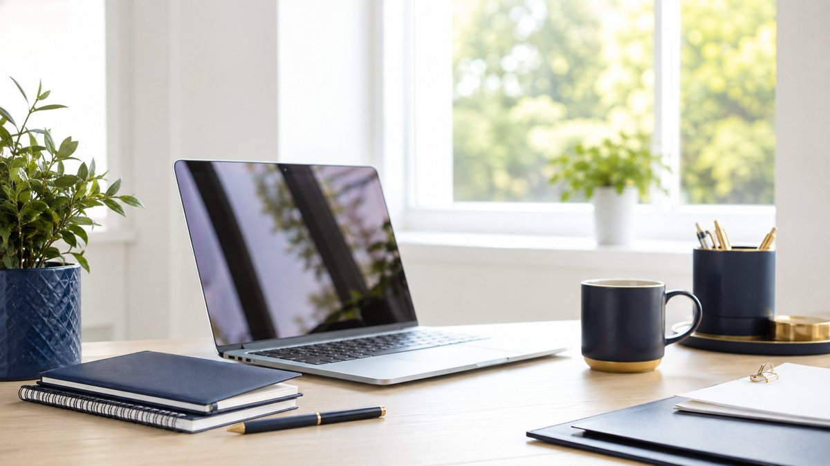 A bright modern desk in daylight with a laptop, navy binders and a coffee