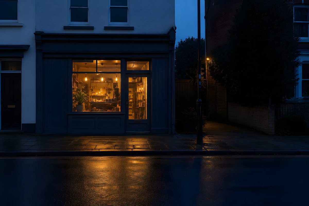 A lit shopfront on a quiet pavement at dusk