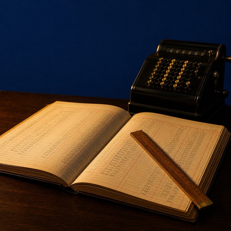 An open double entry ledger beside a mechanical adding machine