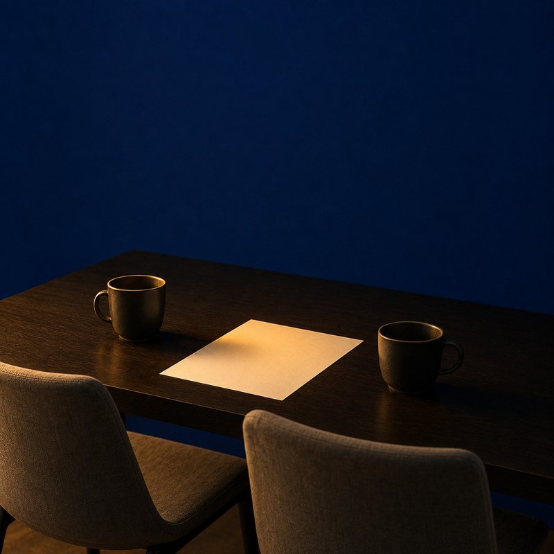 Two chairs at the same side of a table with one sheet of paper between them