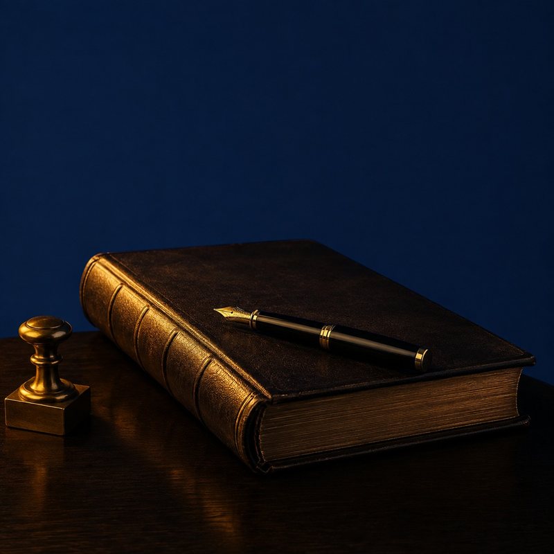 A closed leather ledger with a fountain pen and a brass stamp