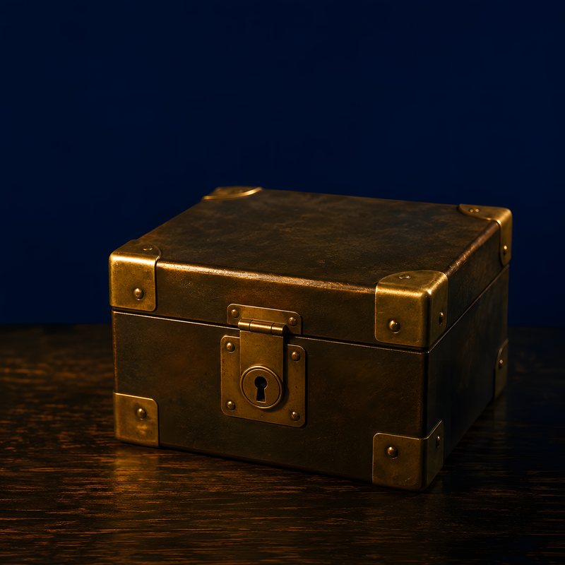 A brass cornered strongbox, closed and locked