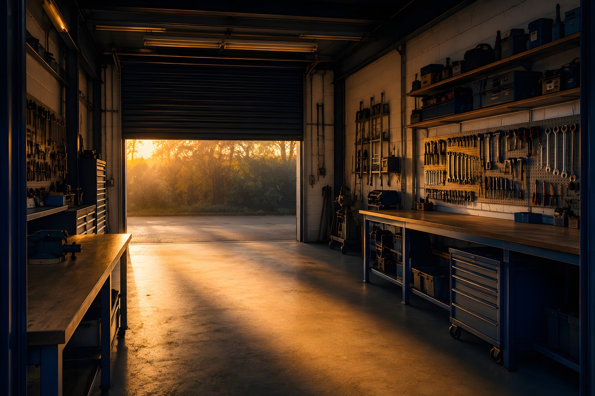 A tidy empty workshop at dawn with light across the floor